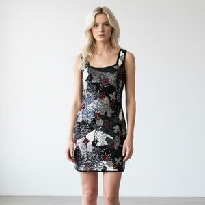 Oleg Cassini 1980 Vintage Sleeveless Bead Sequin Black Silver Red Midi Dress